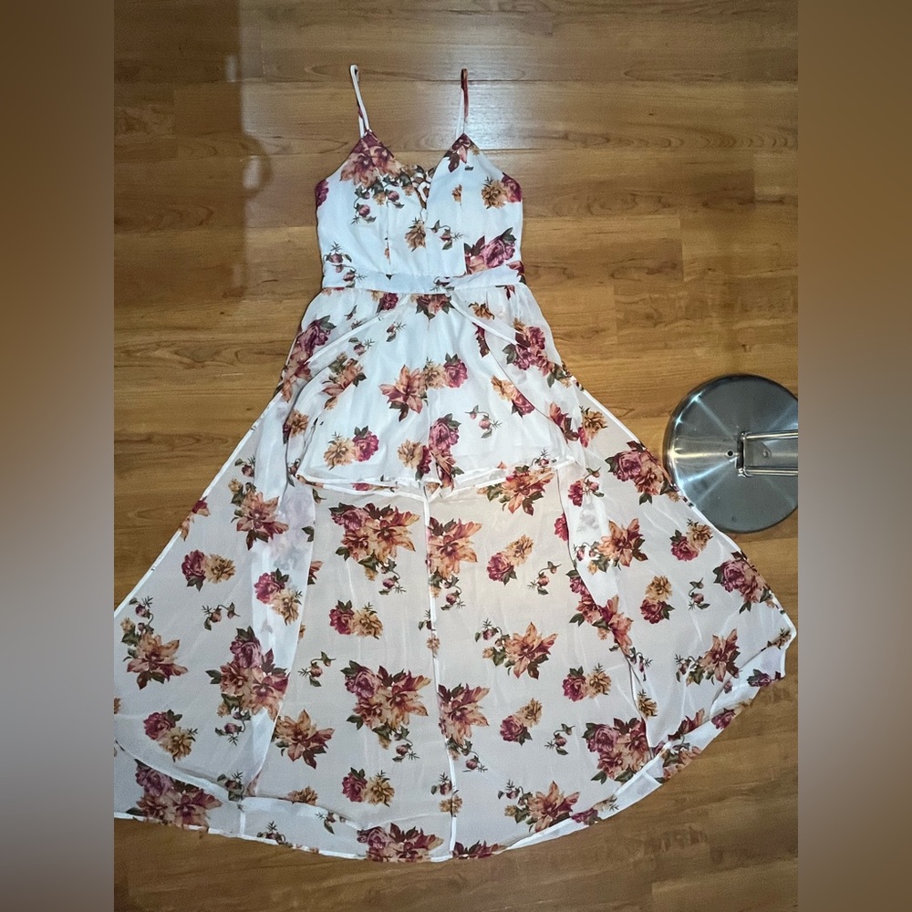 Sleeveless V Neck Floral Split Maxi Romper Dress
